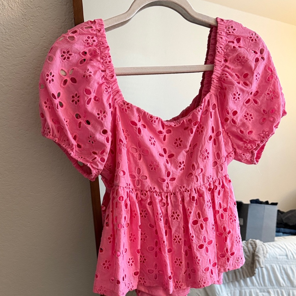 Trixxi Pink Eyelet Blouse with Puff Sleeves